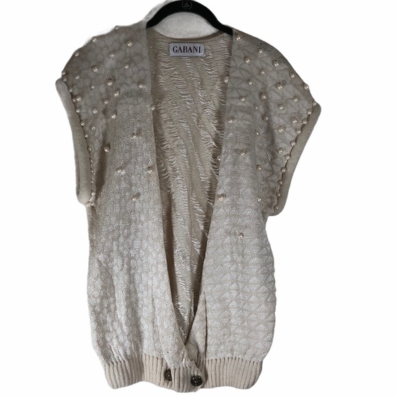 Gabani Vintage Medium Sweater Vest Cream Pearls Button Retro Angora Wool Blend - Picture 1 of 5